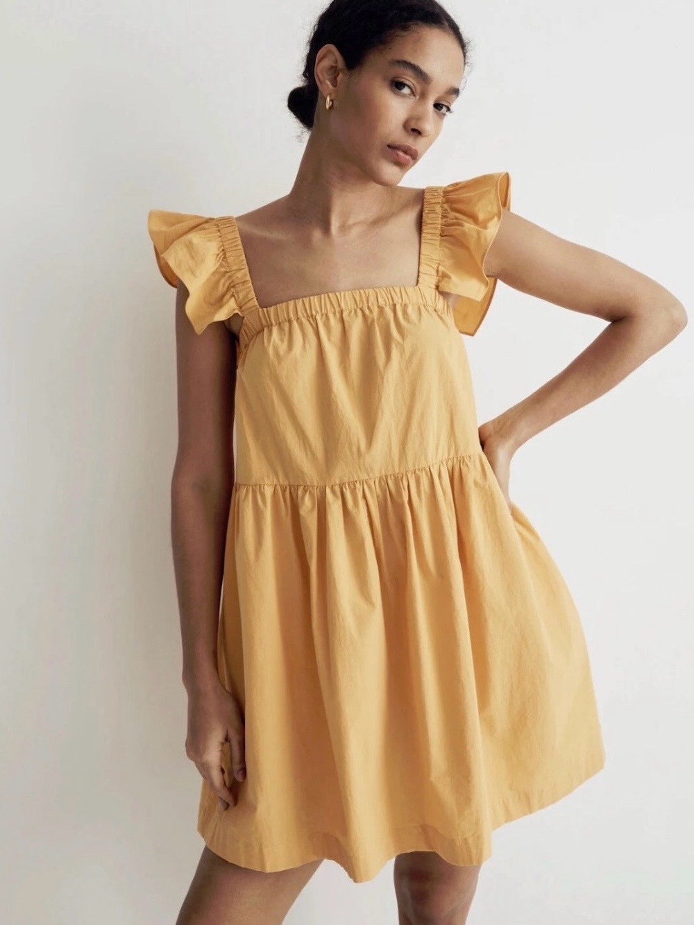Madewell Mustard Square Neck Mini Dress with Ruffle Sleeves